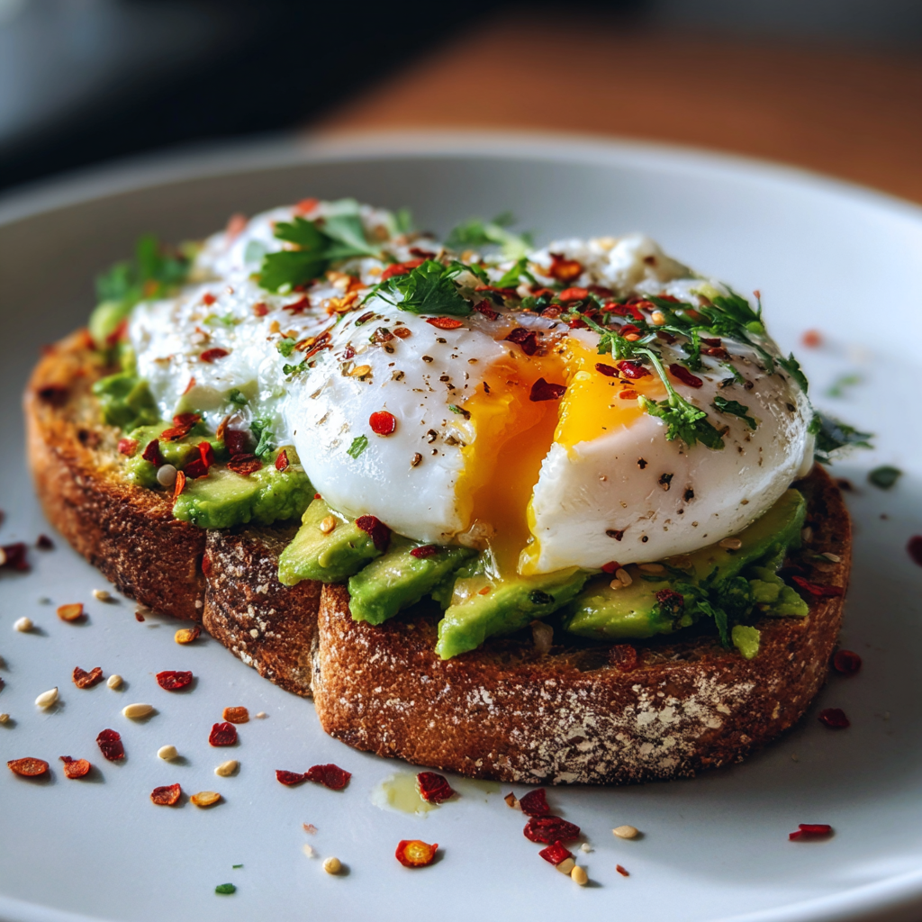 avocado egg toast topped with poached egg and herbs