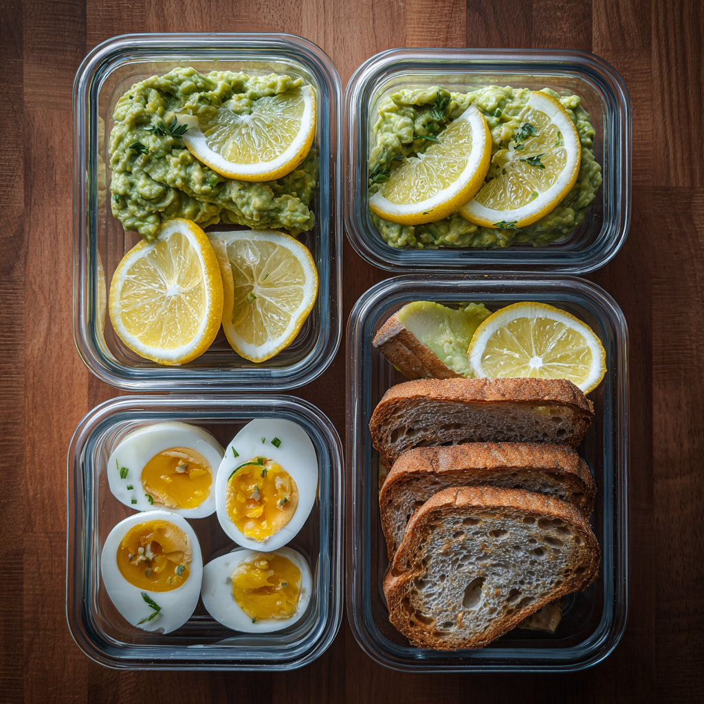 avocado egg toast meal prep containers with eggs and bread