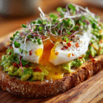 avocado toast recipe with poached egg and microgreens