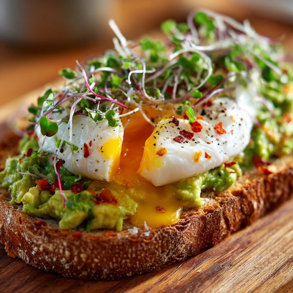 avocado toast recipe with poached egg and microgreens