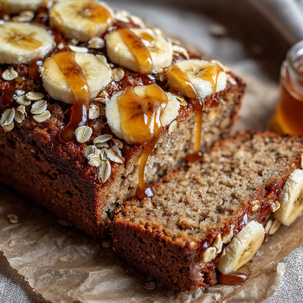 sliced healthy banana bread with honey drizzle