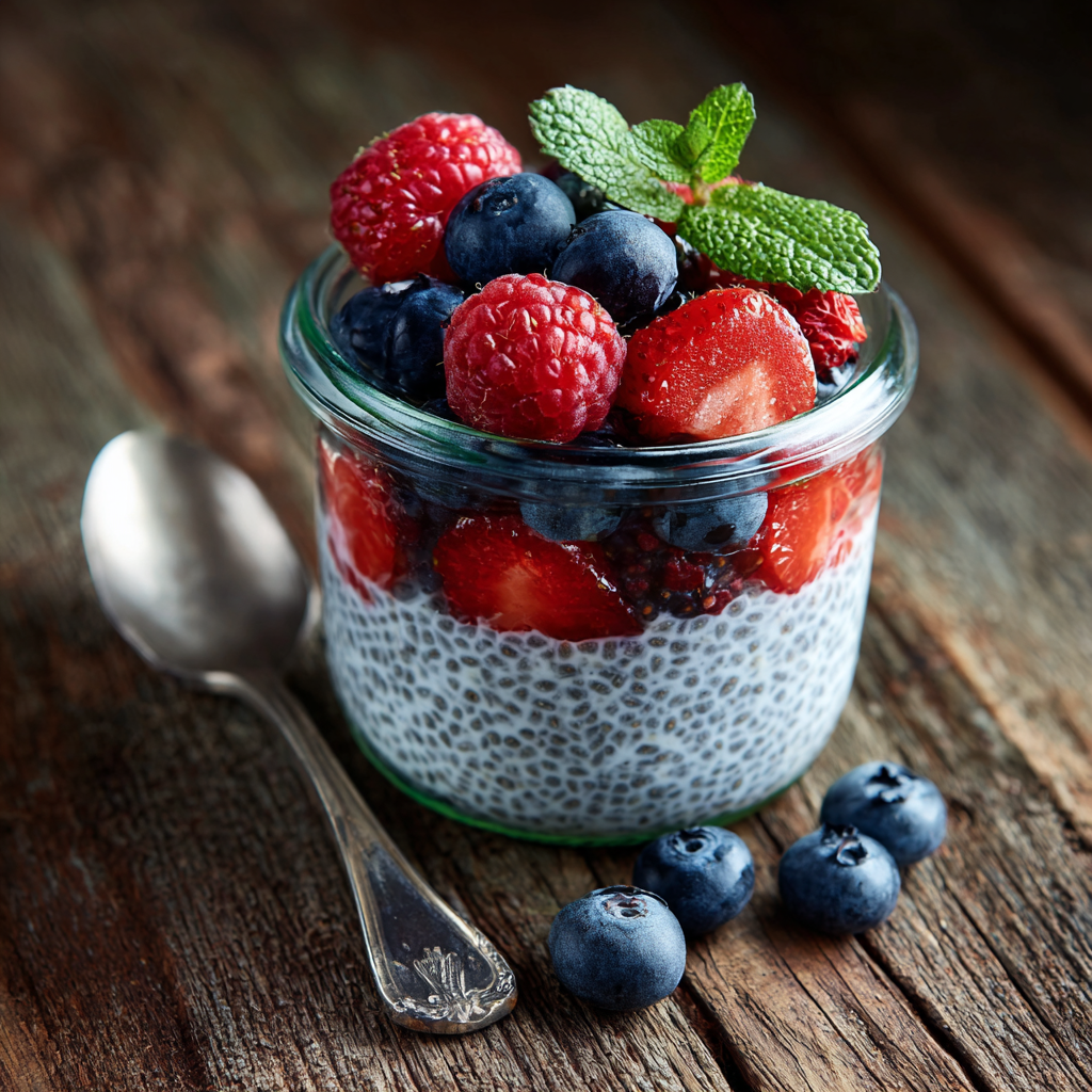chia pudding recipe with berries in a glass jar