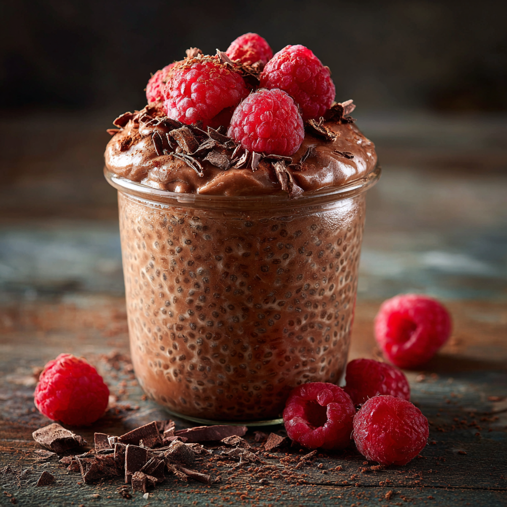 chocolate chia pudding topped with raspberries in a glass jar