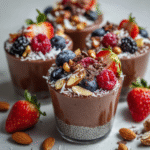 chocolate chia pudding with fresh fruit and nut toppings