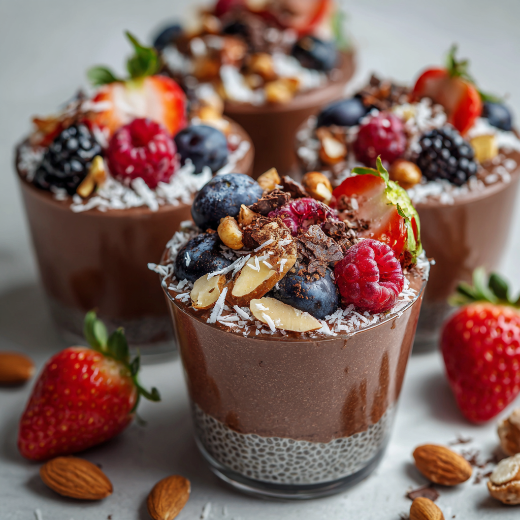 chocolate chia pudding with fresh fruit and nut toppings