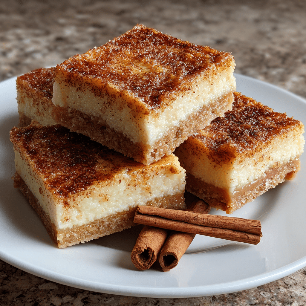 Close-up of churro cheesecake bars with cinnamon sugar topping