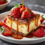 Churro cheesecake bar topped with caramel and strawberries