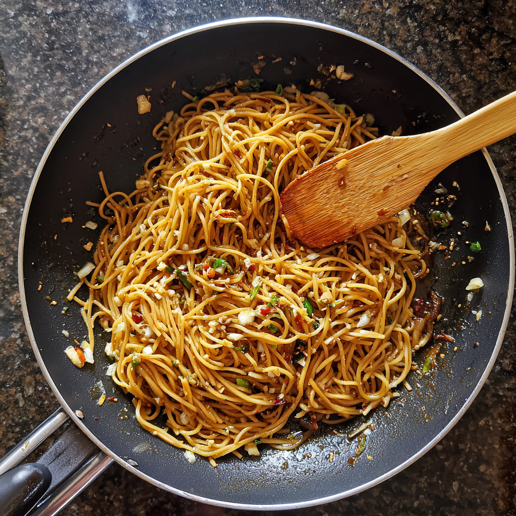 Stir-frying hibachi noodles in skillet