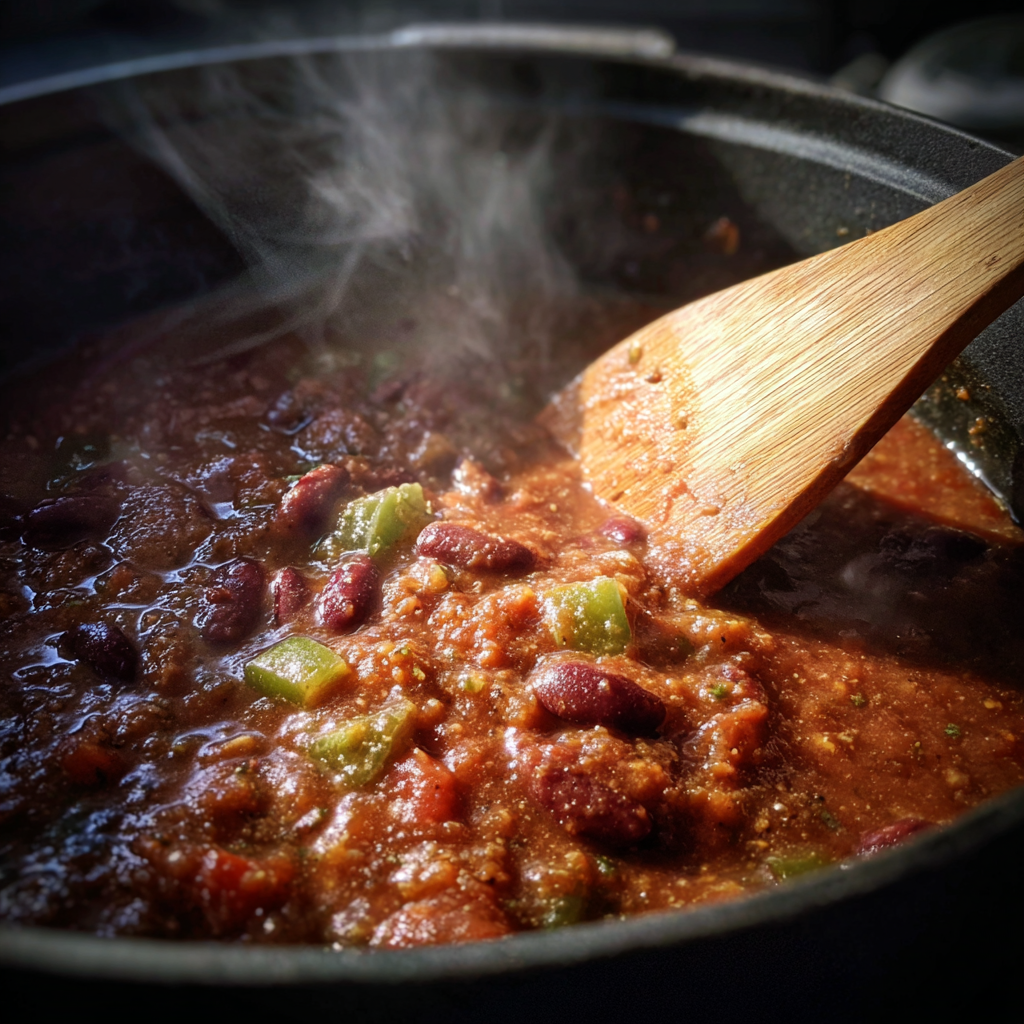 vegan chili cooking in pot