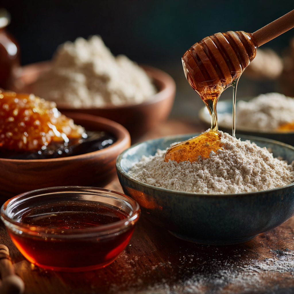 Ingredients for healthy banana bread including maple syrup and whole wheat flour