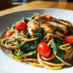Healthy pasta recipe with grilled chicken and spinach