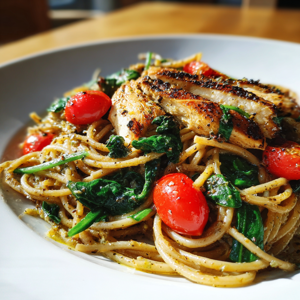 Healthy pasta recipe with grilled chicken and spinach