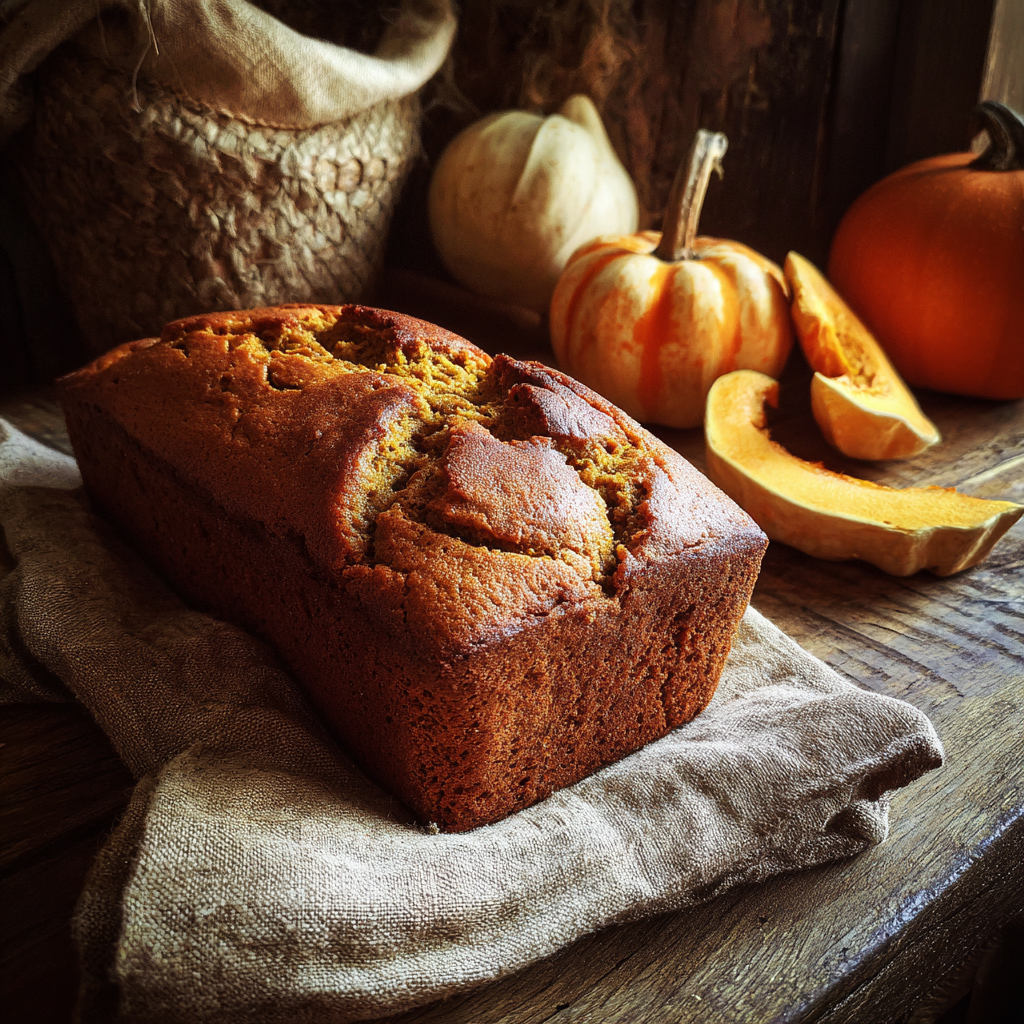 fresh healthy pumpkin bread loaf close up on wooden table