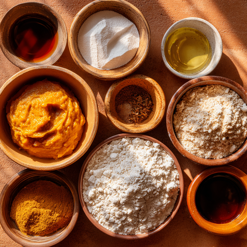 healthy pumpkin bread ingredients layout close up