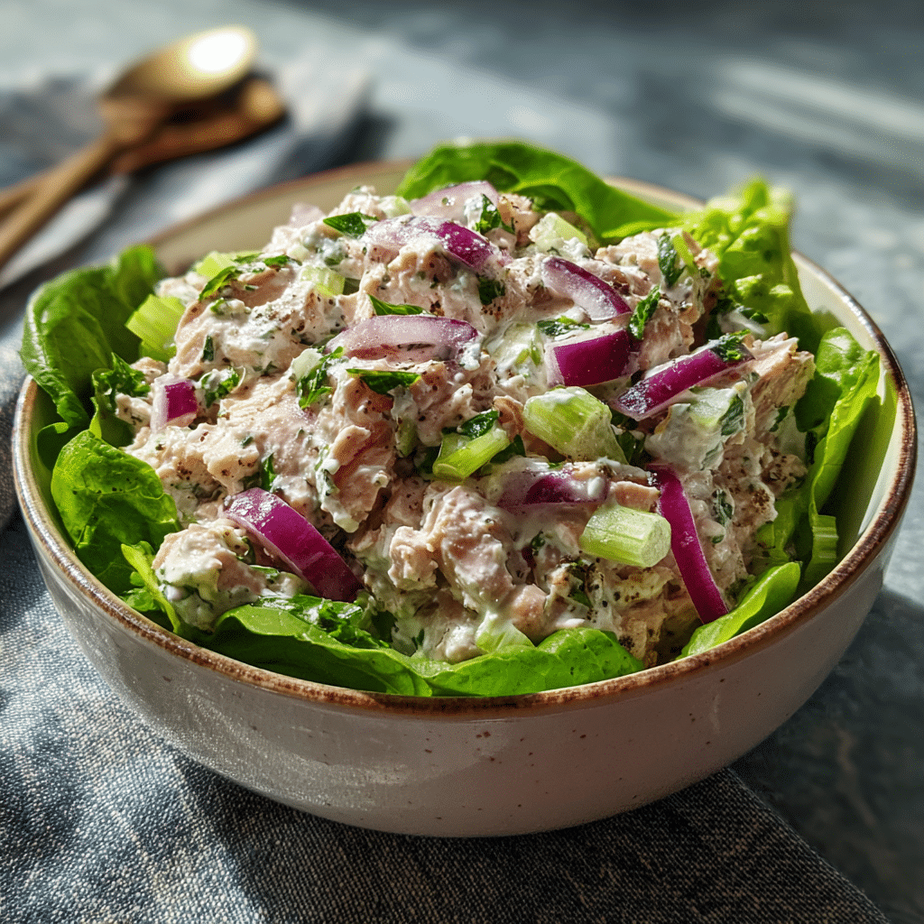healthy tuna salad in a bowl with Greek yogurt
