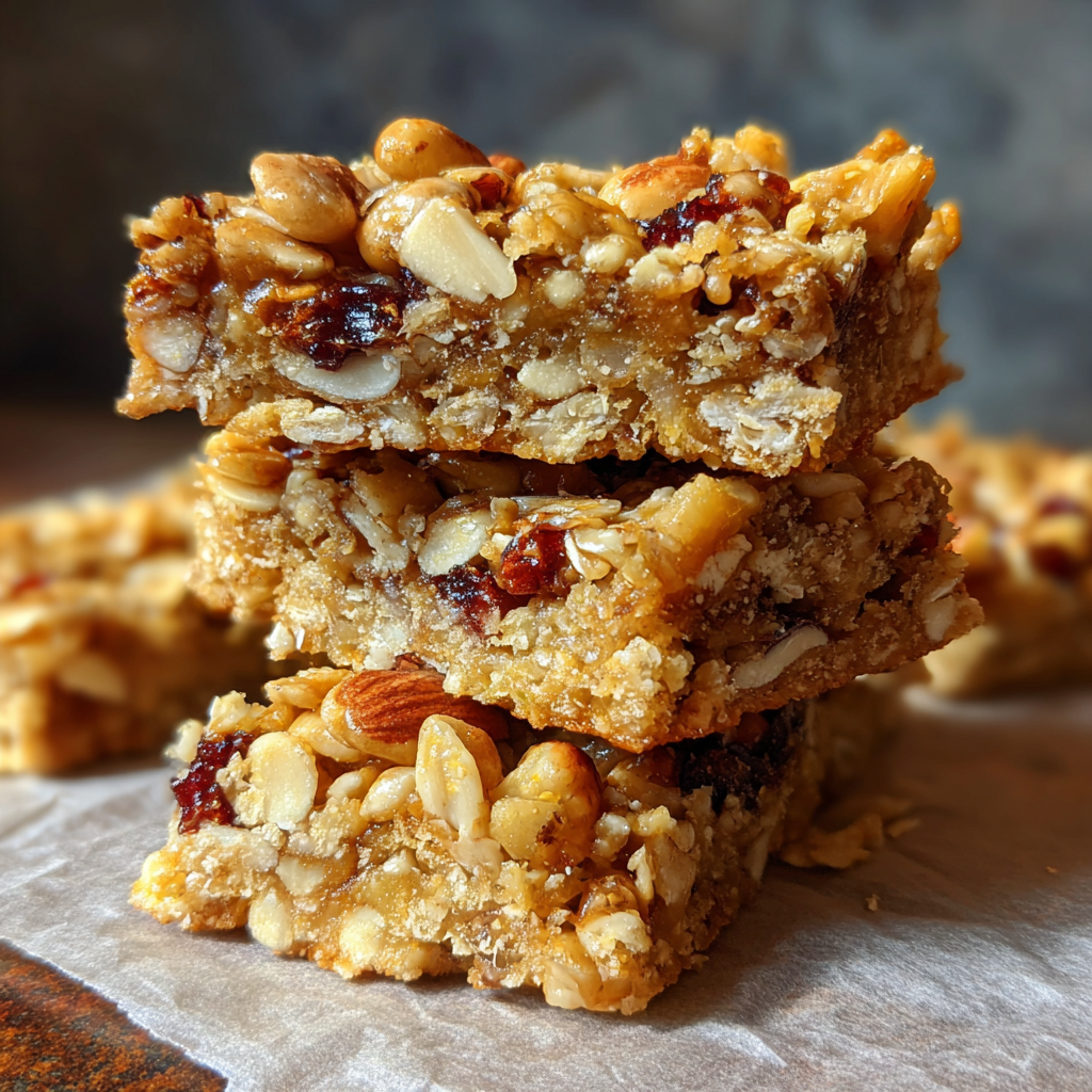 Homemade granola bars stacked on parchment paper