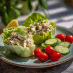 healthy tuna salad in lettuce cups with vegetables