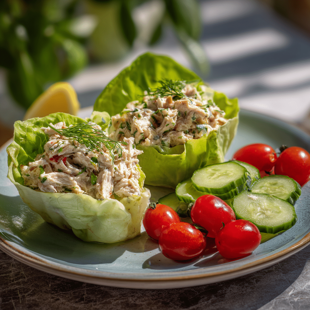 healthy tuna salad in lettuce cups with vegetables