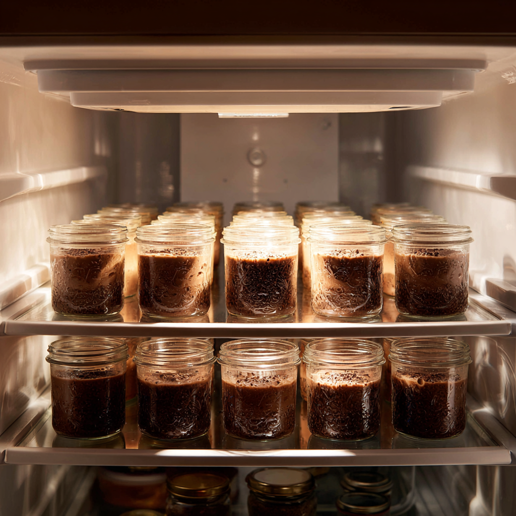 meal prep chocolate chia pudding jars in fridge