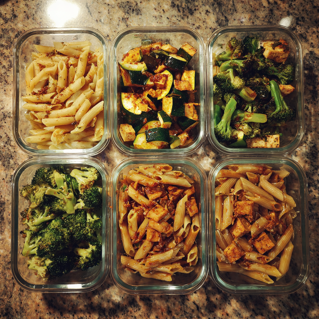 Meal prep healthy pasta recipe with veggies and tofu