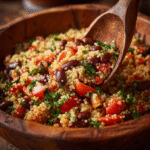 Mixing quinoa salad with tomatoes and black beans