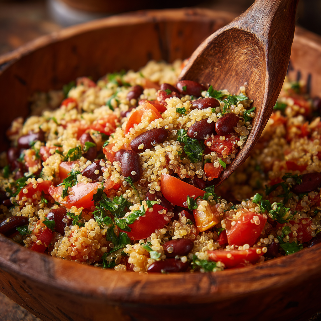 Mixing quinoa salad with tomatoes and black beans