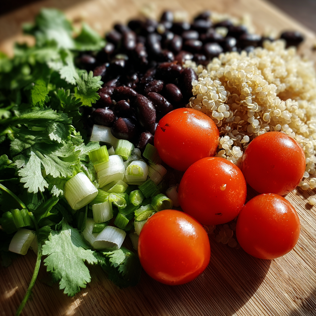 Quinoa salad ingredients: lime, tomatoes, black beans, cilantro