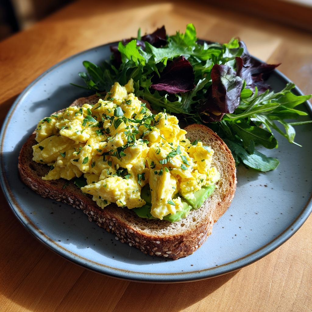 scrambled eggs with avocado toast on whole grain bread