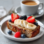 Healthy banana bread served with almond butter and berries
