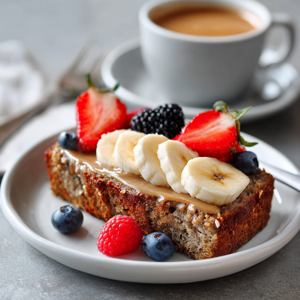 Healthy banana bread served with almond butter and berries