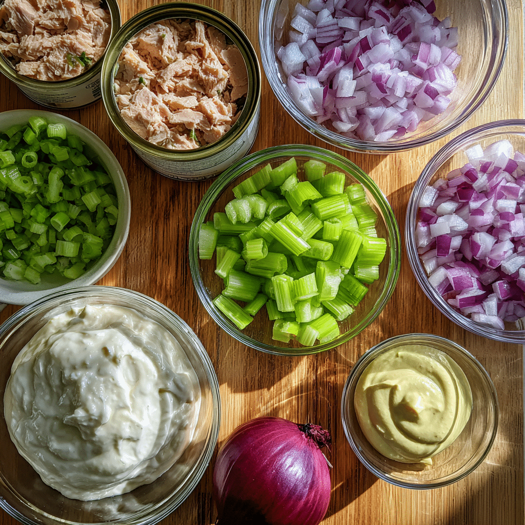 healthy tuna salad ingredients on cutting board