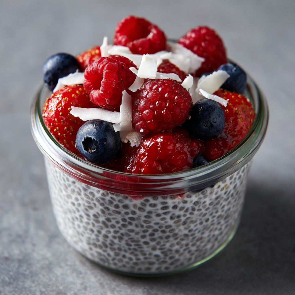 vegan chia pudding topped with berries