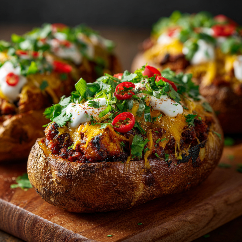 vegan chili served in baked potato