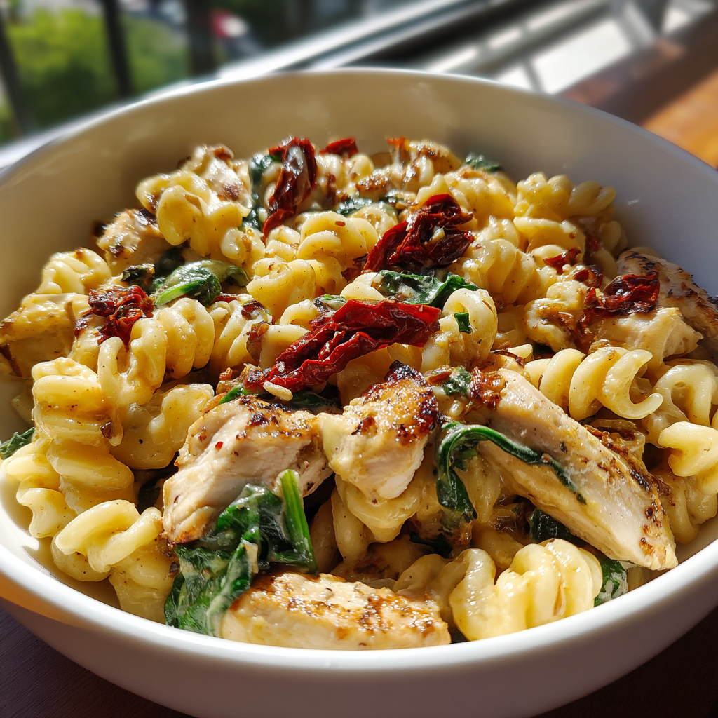 High protein pasta with chicken and sun-dried tomatoes