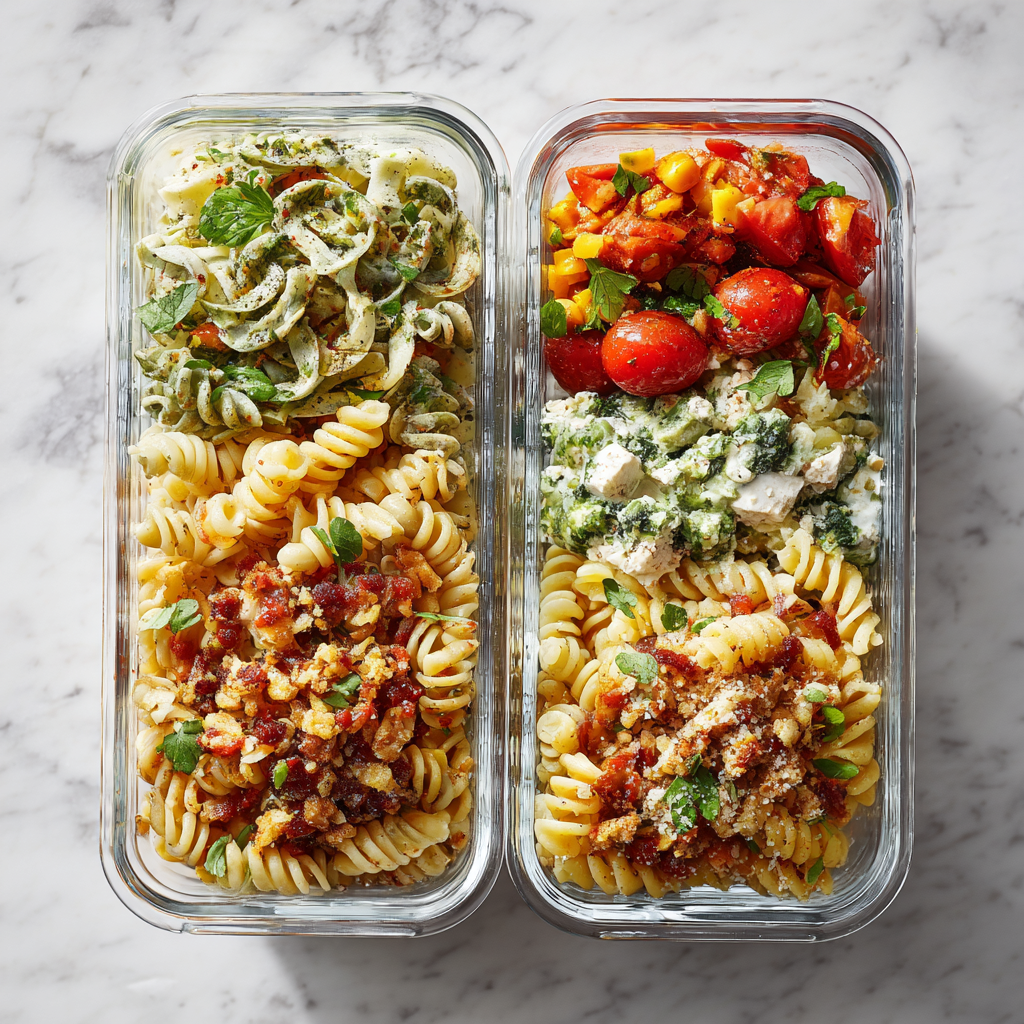 High protein pasta meal prep with different proteins and veggies