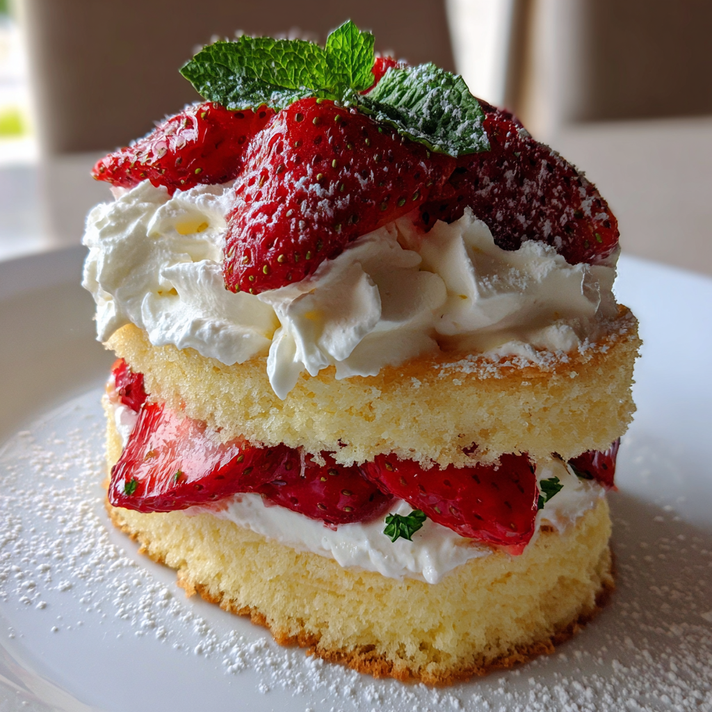 strawberry shortcake dessert with cream and berries